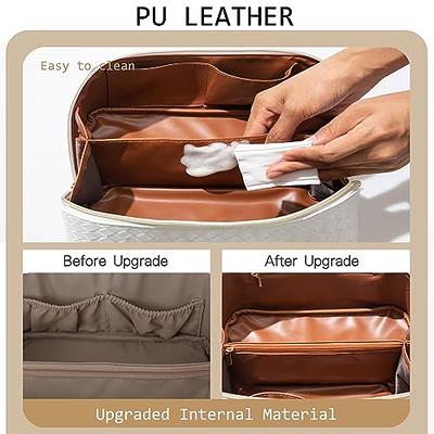 Large Capacity Travel Cosmetic Bag,PU Leather Waterproof Makeup Bag  Organizer,Lay Flat Travel Makeup Bag With Handle and Divider(WHITE)