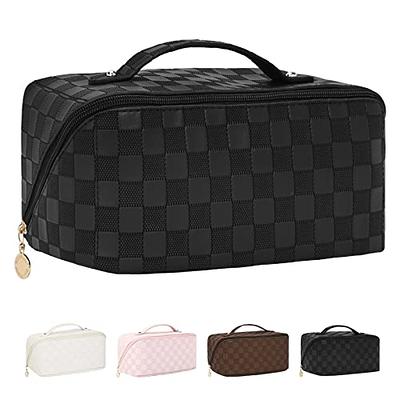 Large Capacity Travel Cosmetic Bag - Portable Makeup Bags for Women  Waterproof PU Leather Checkered Makeup Organizer