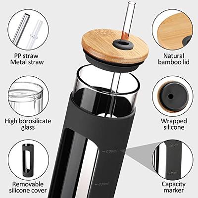 Kodrine 24 oz Glass Water Bottle with Bamboo Lid and Straw, Wide Mouth  Water Tumbler,Straw Silicone Protective Sleeve BPA FREE-Black 