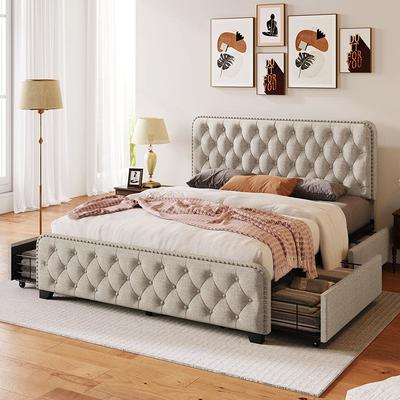 King Size Platform Bed Frame, Velvet Upholstered Bed with Deep Button  Tufted & Nailhead Trim Wingback Headboard/No Box Spring Required/Cream