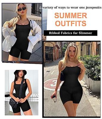 Women Bodysuit Workout Romper Shorts Seamless Square Neck Sleeveless Gym  Yoga One Piece Jumpsuit