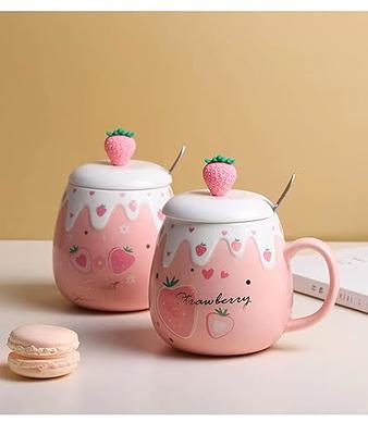 Korean-Style Cute Pink Strawberry Mug with Spoon Lid Large