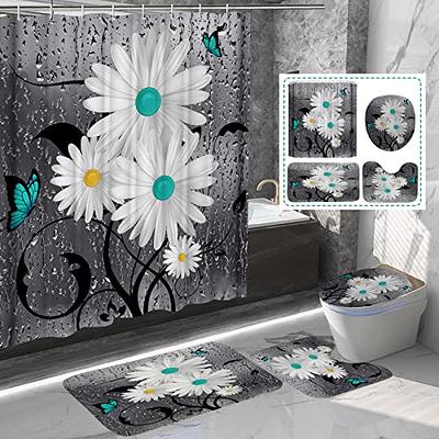 Funny Highland Cow Shower Curtain Toilet Seat Bath Mat Set, White And  Turquoise Daisies Butterfly In Grey Fabric Bathroom Shower Curtain,  Farmhouse Rustic Retro Polyester Cloth Curtains For Windows, Comes With 12