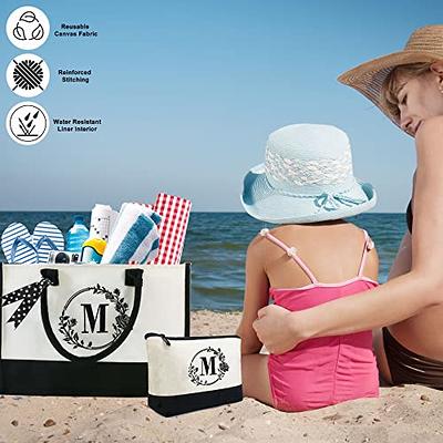 Personalized Initial Tote Bag for Women Canvas Beach Tote Bag with Zipper  Gifts for Her Birthday Travel Beach Essentials for Women Girls