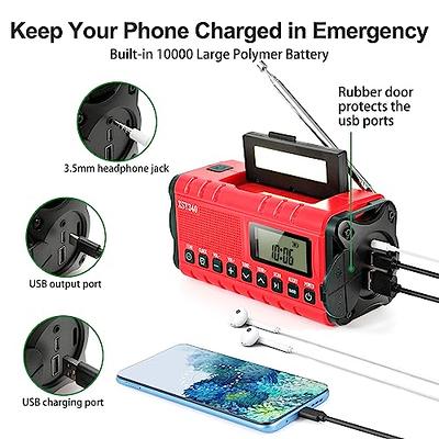 10000mAh Solar Crank NOAA Emergency Radio, 4 Power Sources Type-C  Rechargeable Weather Radio, Portable AM FM Dynamo Survival Radio, USB Phone  Charger