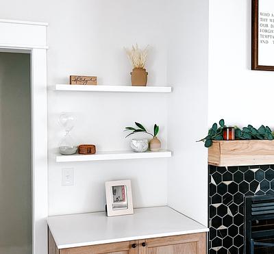 White Kitchen with Wood Floating Shelves