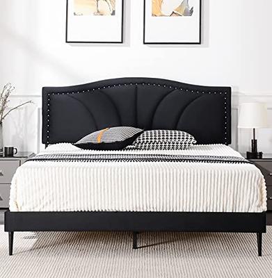 Nue Queen Upholstered Bed with Curved Tufted Headboard, Nailhead Trim, Gray  - Yahoo Shopping