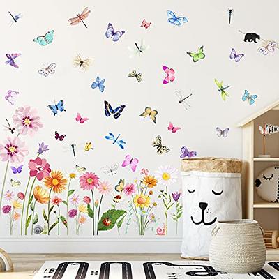 Butterfly Girl Wall Stickers Flower Fairy Wall Decal Pink Floral Wall Mural  Colorful Butterflies Wall Decor DIY Removable Vinyl Wall Art for Girls