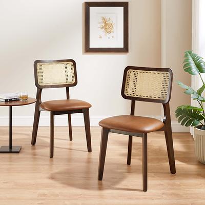 Art Leon Accent Dining Chair with Cane Backrest (Set of 2) - Yellow Brown Faux Leather Chairs
