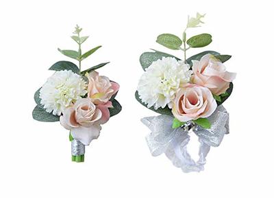 Ivory Rose Wrist Corsage Wrist Strap Bracelet And Men's Boutonniere Set  White Wedding Flower Accessories Prom Decoration