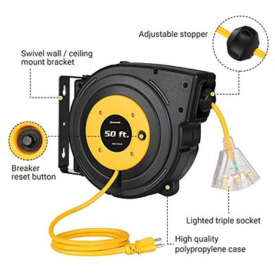 DEWENWILS Retractable Extension Cord Reel, 50FT Power Cord Reel with 14AWG/ 3C SJTOW, 13A Circuit Breaker, Wall/Ceiling Mounted, 3-Lighted Triple  Outlets for Garage, Workshop, UL Listed, Yellow - Yahoo Shopping