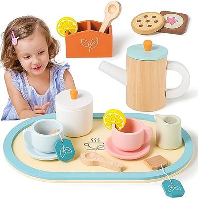 WHOHOLL Wooden Tea Set for Little Girls, Natural Wood Toys Tea