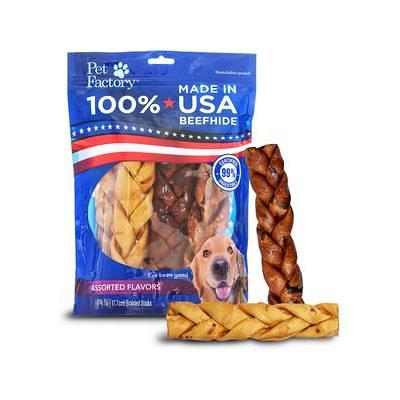 Pet Factory 100% USA Beefhide Assorted Flavored (Beef & Chicken) Braided  Sticks 6pk 6 - Pet Factory