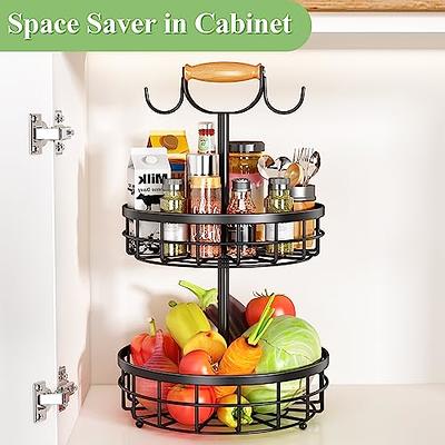 Fruit Basket Kitchen Pantry Organizers and Storage - Wooden Top Table,  Stackable Metal Wire Basket Stand Cart for Fruit Vegetable Snacks Jars Bins