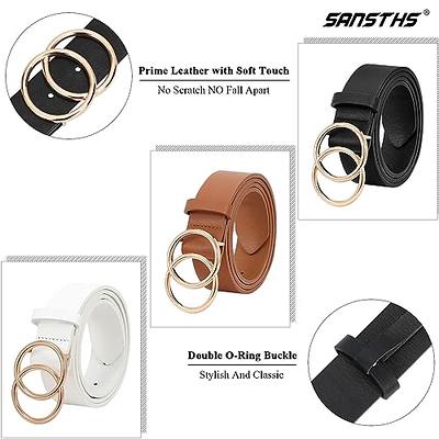 SANSTHS 2 Pack Women Leather Belts Faux Leather Jeans Belt with Double O-Ring Buckle Size Up to 58 inch