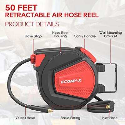 Ecomax 3/8 in. x 50 ft Retractable Enclosed Air Hose Reel with Auto Rewind,  Heavy