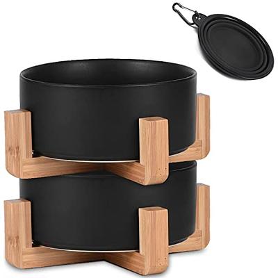 Addogyy Black Elevated/Raised Dog Bowl Ceramic with Wood Stand for Medium  Large Breed,Dog Food Water Dish Heavy Wighted, Non Slip Modern Cute