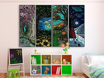 Four Seasons Canvas Print Set Of 4 Wall Art Kids Drawing Style