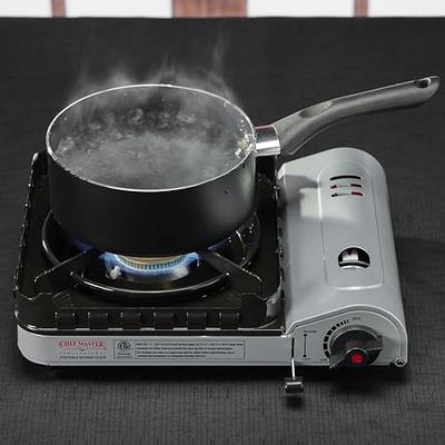 Chef Master 90019 Portable Stove Combination Pack, Includes 4 x 8 oz. Tins  of Butane Fuel | 15 000 BTU | Perfect for Emergency Cooking and Boiling