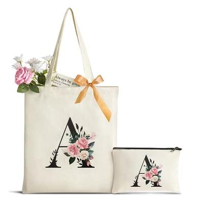 Personalized Tote Bag Floral Initial Canvas Tote Bags for Women, Monogram Bag for Bridesmaids Wedding Bachelorette Party (Letter S)