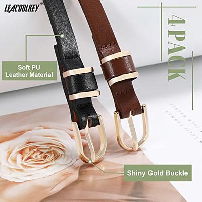 JASGOOD 4 Pack Skinny Women Leather Belt for Dresses Thin Waist Belt for  Jeans Pants with Gold Buckle at  Women's Clothing store