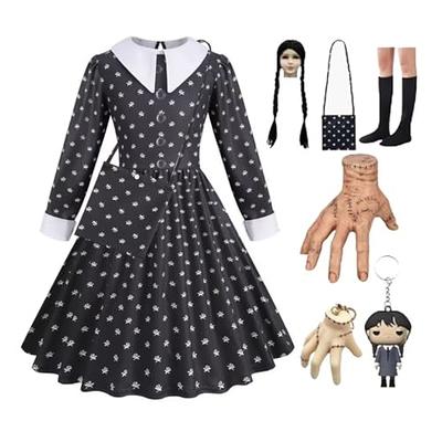 CAKEASY Wednesday Addams Costume Girls, Kids Wednesday Addams Dress with  Belt Wig Socks and THING, Wednesday Costume Outfit, Halloween Costume for  Cosplay Party - Yahoo Shopping