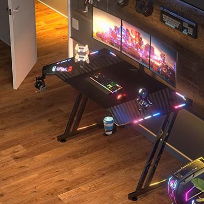 HLDIRECT 63 Inch Gaming Desk with LED Lights Carbon Fibre Surface