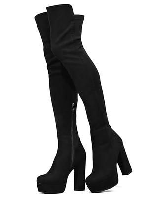  Athlefit Women's Western Embroidered Cowboy Boots Pointed Toe  Chunky Heel Pull On Knee High Boots 02Black Size 5.5