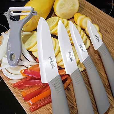 Serrated Grey Ceramic Knife Set with 5 Serrated Knife, Kitchen Knife Set.  Includes 3”, 4”, 5”, 6” Ceramic Knives, Matching Sheaths and a Matching  Vegetable Peeler in a Gift Box - Yahoo Shopping