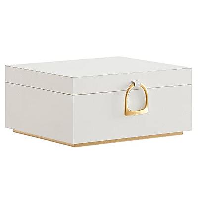 5-Layer Jewelry Organizer with 3-Side Drawers with Big Mirror, Cloud White  and Metallic Gold