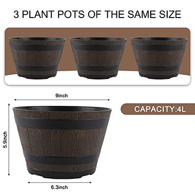 Plant Pots Set of 3 Pack 10 inch,Whiskey Barrel Planters with Drainage  Holes & Saucer.Plastic Decoration Flower Imitation Wine Design,Canbe for  Indoor