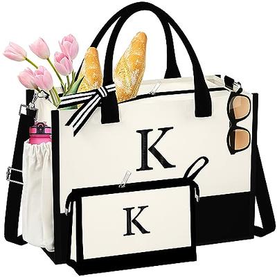 BeeGreen Personalized Birthday Gifts for Women w Inner and Side  Pouch Monogram Tote Bag w Zipper and Adjustable Shoulder Strap Embroidery  Initial Tote Bag w 13oz Canvas Beach Bag for