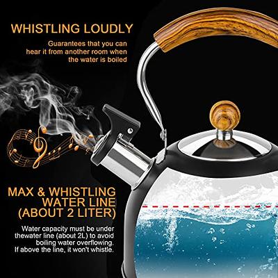 Tea Kettle, 2.6 Quart/2.5 Liter Whistling Tea Kettle, Tea Pots for Stove  Top Food Grade Stainless Steel with Wood Pattern Folding Handle - Creamy