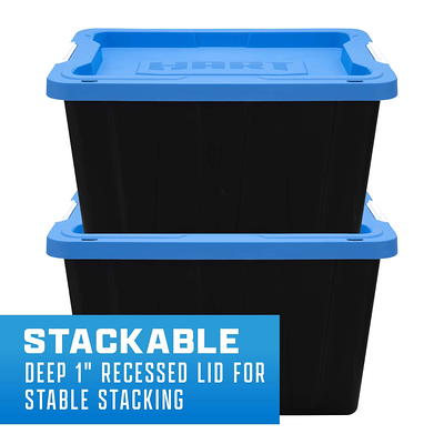 HART 12 Gallon Latching Plastic Storage Bin Container, Black with Blue Lid,  Set of 4