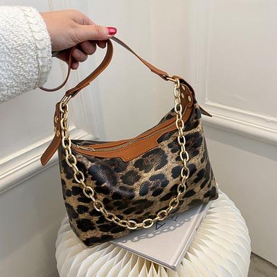 Brown Leopard Print Chain Shoulder Bag