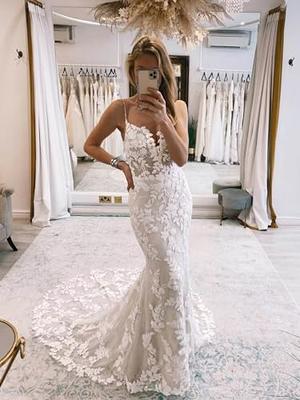 Lace Beach Wedding Dresses for Bride 2023 Mermaid Bodycon Spaghetti Straps  V-Neck Tulle Sleeveless Backless Long Wedding Gowns White US8 - Yahoo  Shopping