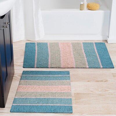 Home Decorators Collection 24 in. x 40 in. White and Aqua Green Border Stripe Cotton Machine Washable Bath Mat, White/Aqua