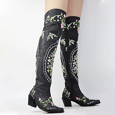 Athlefit Women's Western Embroidered Cowboy Boots Pointed Toe Chunky Heel  Pull On Knee High Boots : : Clothing, Shoes & Accessories