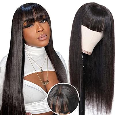 Glueless Human Hair Wigs with Bangs for Black Women 180% Density Straight  2x4 Lace Front