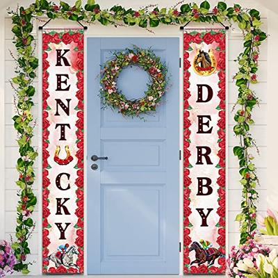 Kentucky Derby Decorations- Run for The Roses Door Cover,Roses Horse Race  Front Porch Sign for Horse Racing Party Door Hanging Banner Door Sign