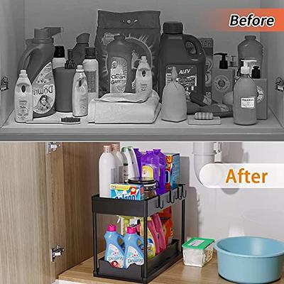 1 Pack Under Sink Organizers and Storage, 2 Tier Under Cabinet Organizer  with 4 Hooks, Multi-Purpose Slide-Out Storage Baskets Shelf for Bathroom  Kitchen Living Room, Black 