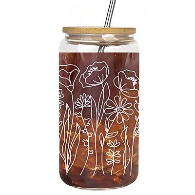 Animal Print & Flowers Frosted Glass Can W/ Bamboo Lid 16 Oz Glass