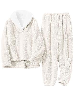 Fleece Pajamas Sets for Women Winter Warm Loose Long Sleeve V Neck Velour  Sweatsuit Sets Tracksuits Soft Pjs Outfit Plus Size