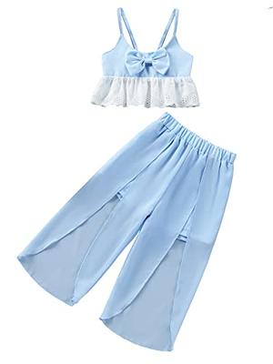 WDIRARA Toddler Girl's 2 Piece Outfit Bow Front Ruffle Hem Cami Top Top and  Split Pants Set Blue 100 - Yahoo Shopping