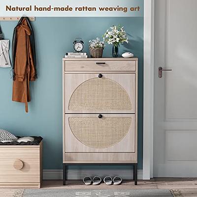 Rattan Shoe Storage Cabinet with 2 Flip Drawers for Entryway, Freestanding  Shoe Rack Modern Slim Entryway Shoe Organizer with Half Round Woven Rattan