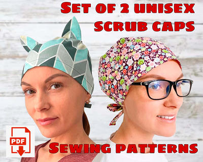 Set of 2 Unisex Scrub Caps Style 7 and Cat Ears Scrub Cap Sewing ...