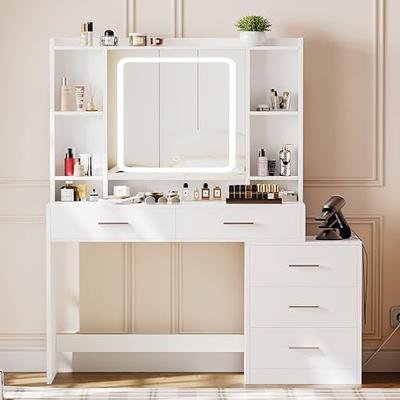 HNEBC Vanity Desk with Plip-up Mirror and Light, Makeup Vanity Table with  Charging Station, White Small Vanity Set has Auto-Sensor/Stool/2