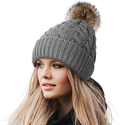 Furtalk Womens Winter Beanie Hat Satin Lined Faux Fur Pom Pom Beanies Hat for Women Winter Warm Knit Hats