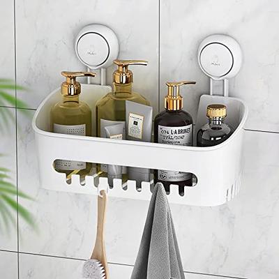 Suction Shower Caddy With 4 Hooks, Bathroom Shower Basket Wall Mounted  White