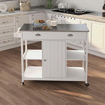 VEVOR Kitchen Island Cart with Solid Wood Top 45.3 Width Mobile Carts with Storage Cabinet Rolling Kitchen Table with Spice Rack Towel Rack Drop